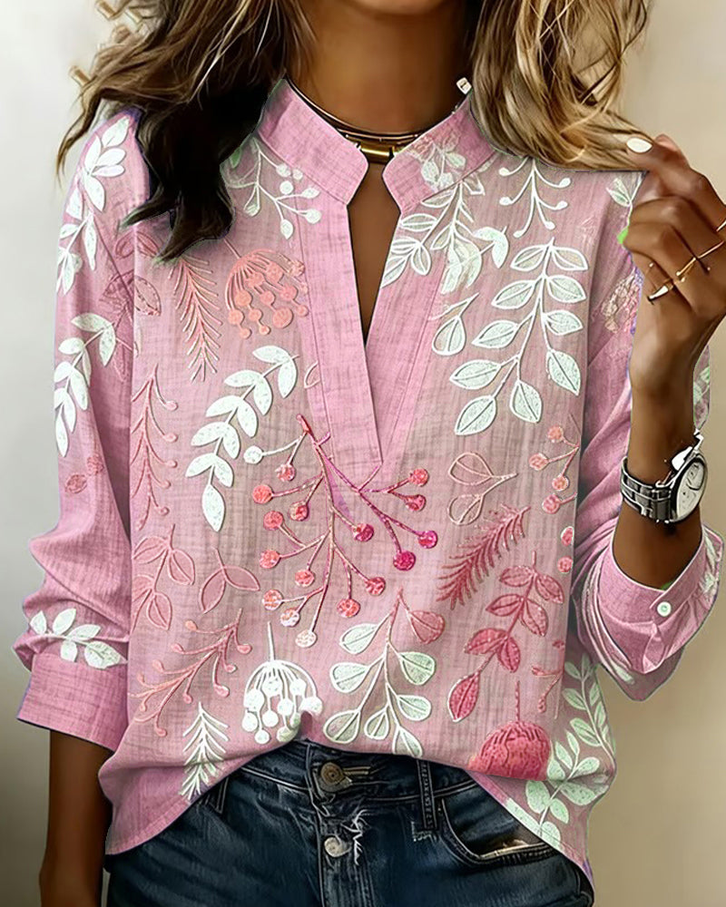 Adanna | Floral Print Split Neck Long Sleeve Blouse