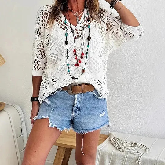 Raissa - Knitted V Neck Openwork Beach Top