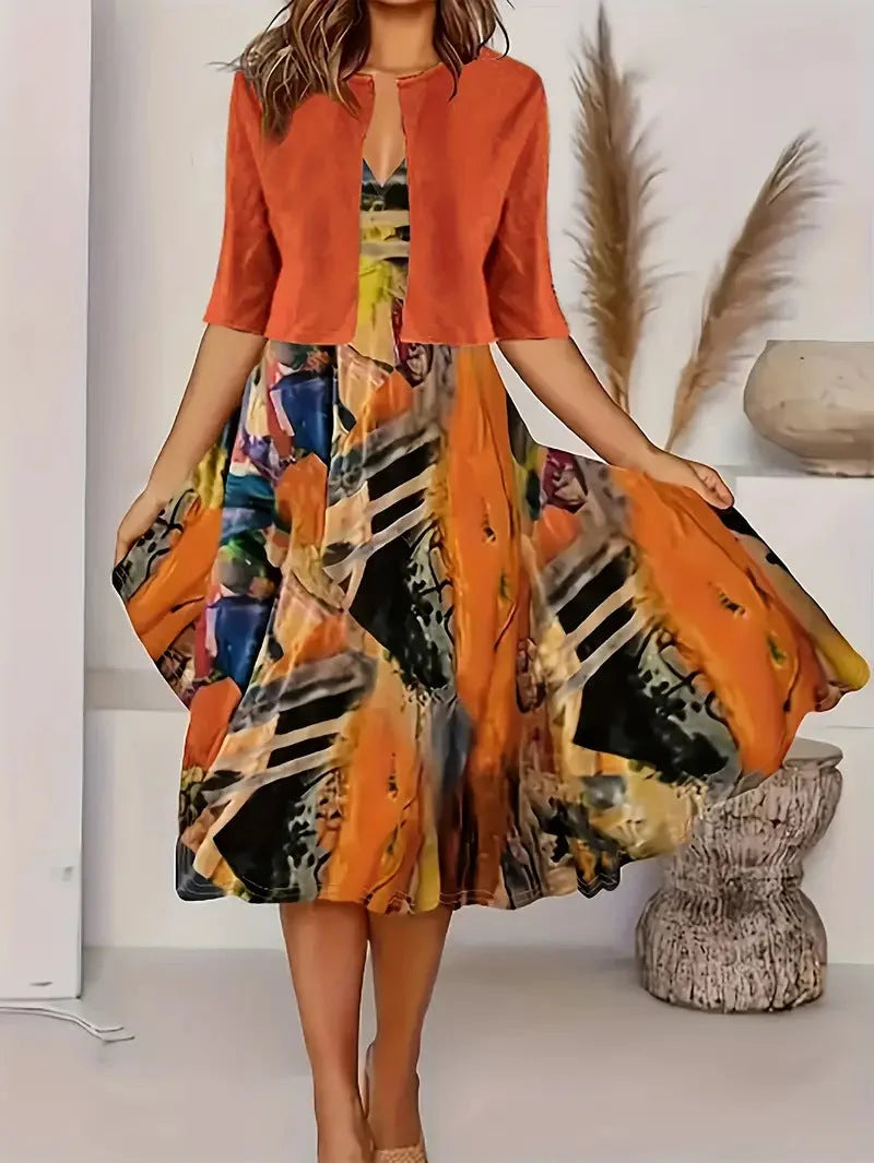 Vainoana | Printed Midi Dress with Open Front Jacket