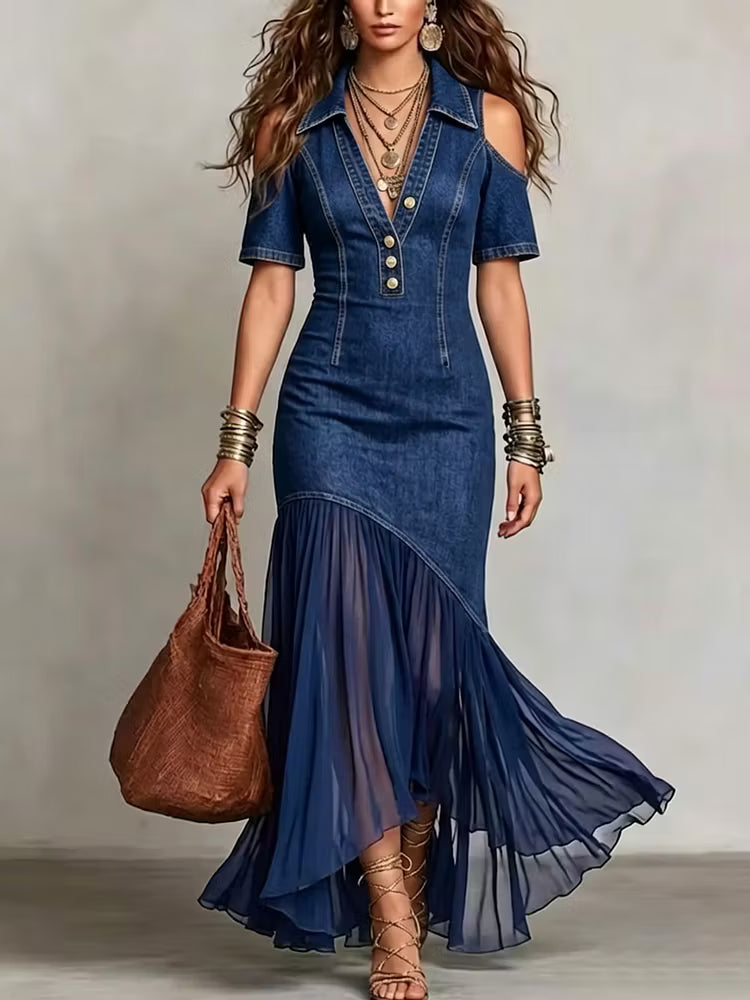 Presley | Denim Style Cold Shoulder Maxi Dress