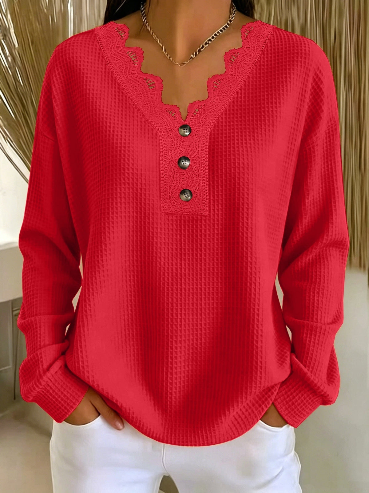 Brigeaia | Long Sleeve Lace Top with Button Front
