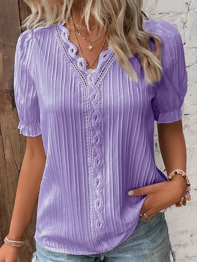 Madelen | V Neck Lace Trim Pleated Blouse