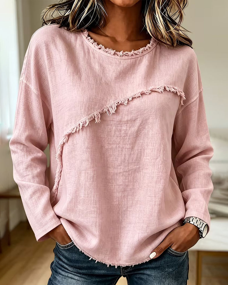 Myrtle | Blouse Round Neck Asymmetric Frayed Trim