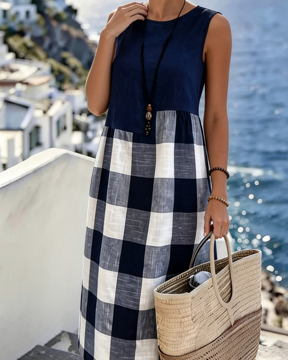 Suzina | Sleeveless Plaid Patchwork Midi Dress
