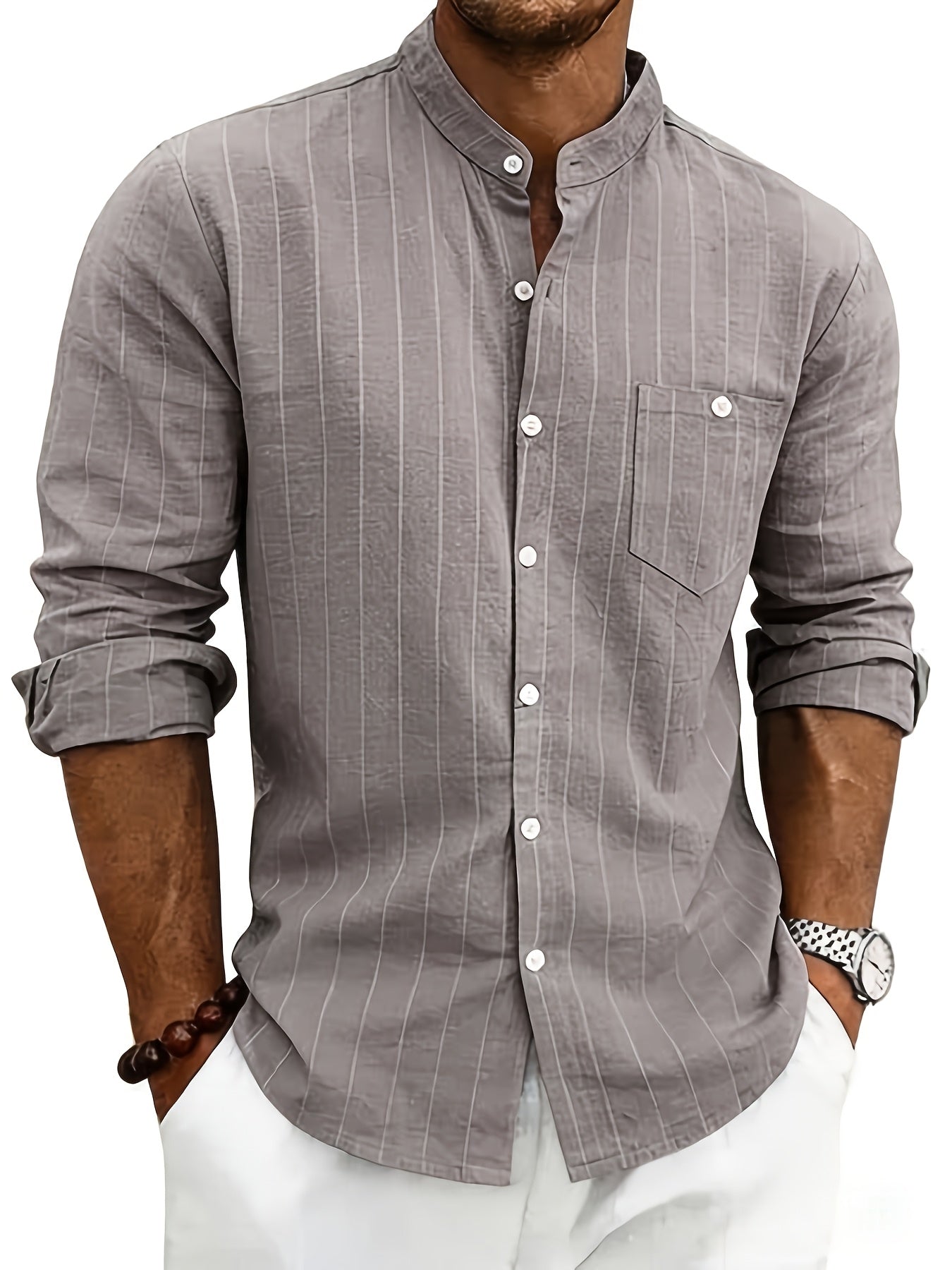 Leslie | Striped Band Collar Button Shirt