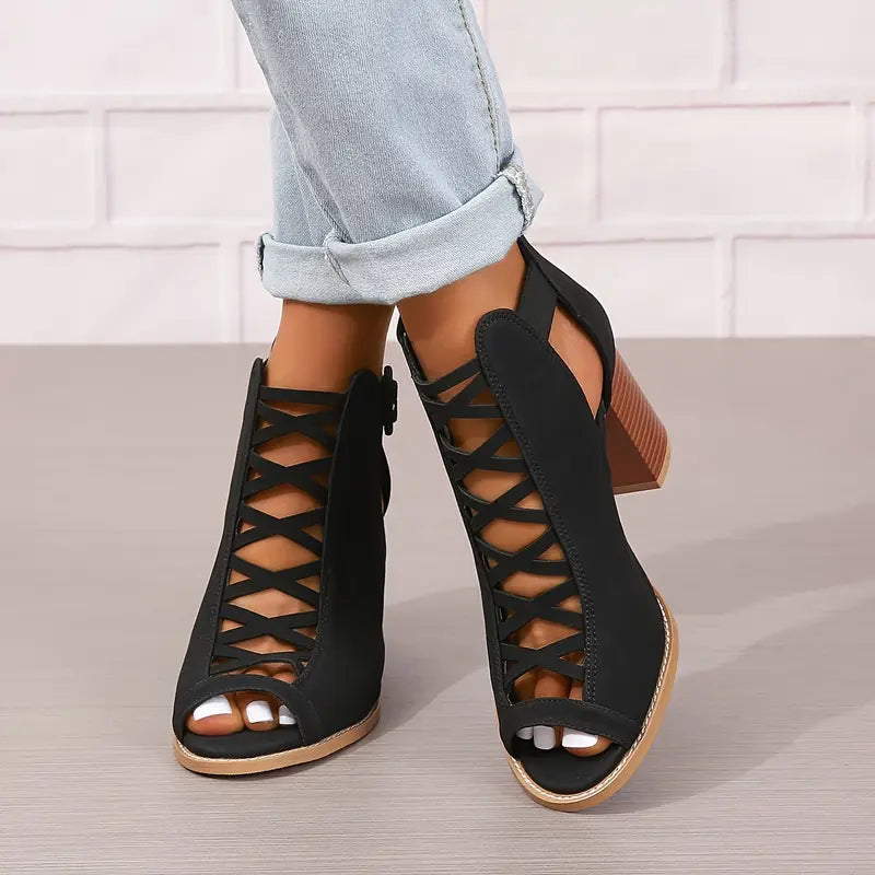 Ruzilya | Chunky Heel Peep Toe Lace-Up Sandals