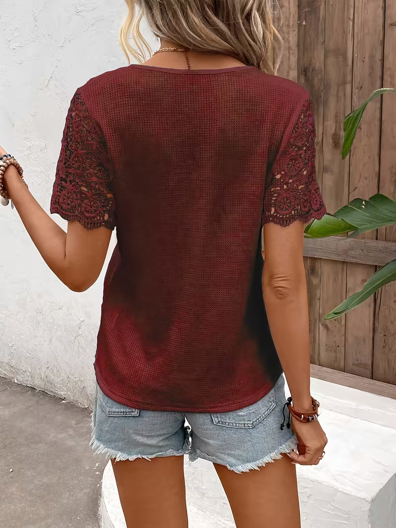 Sinna | Short Sleeve Lace Panel Button Top