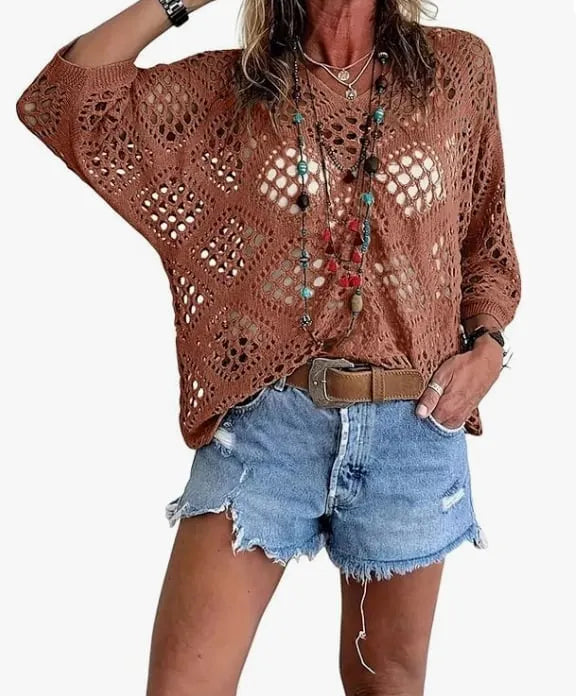 Raissa - Knitted V Neck Openwork Beach Top