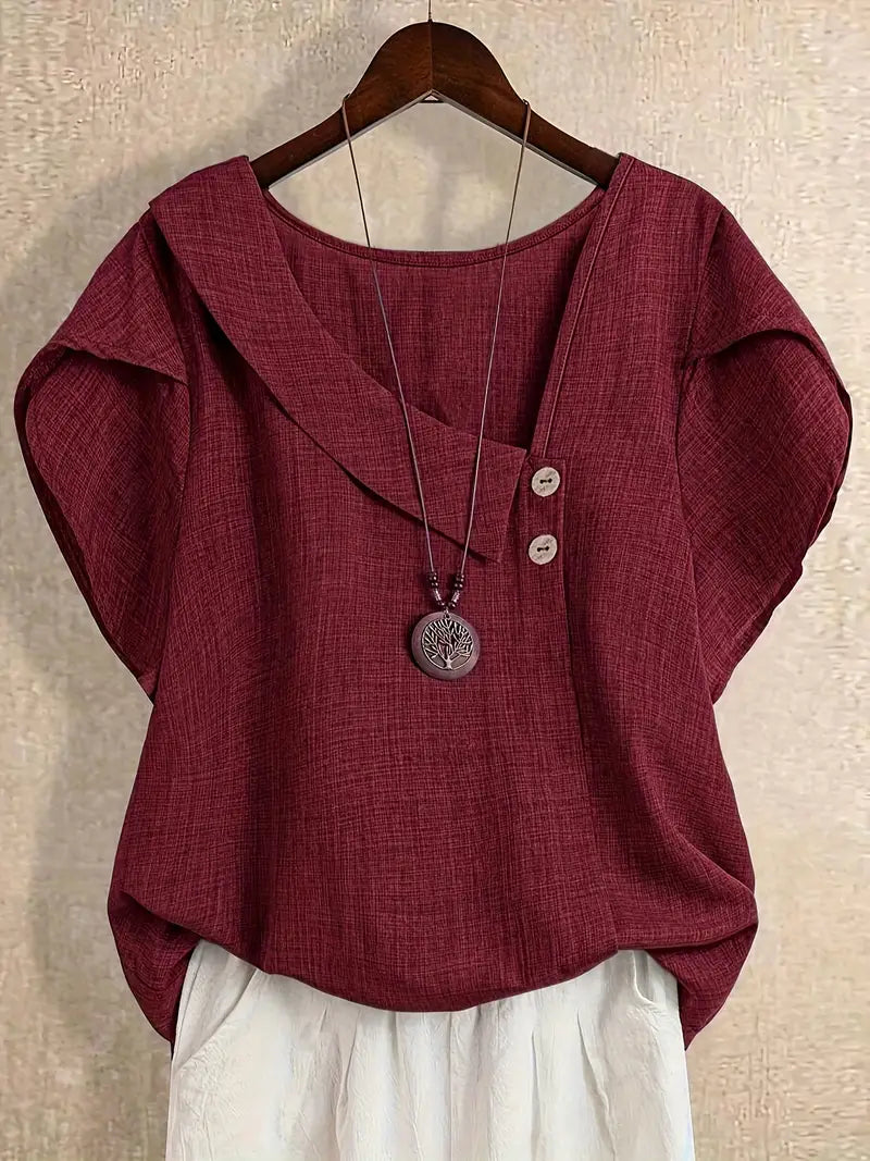 Milany | Linen Asymmetric Button Short Sleeve Blouse
