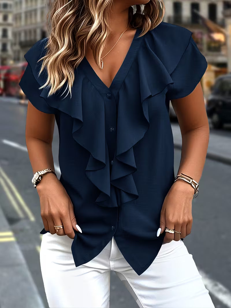 Salma - Ruffle Front V Neck Button Blouse