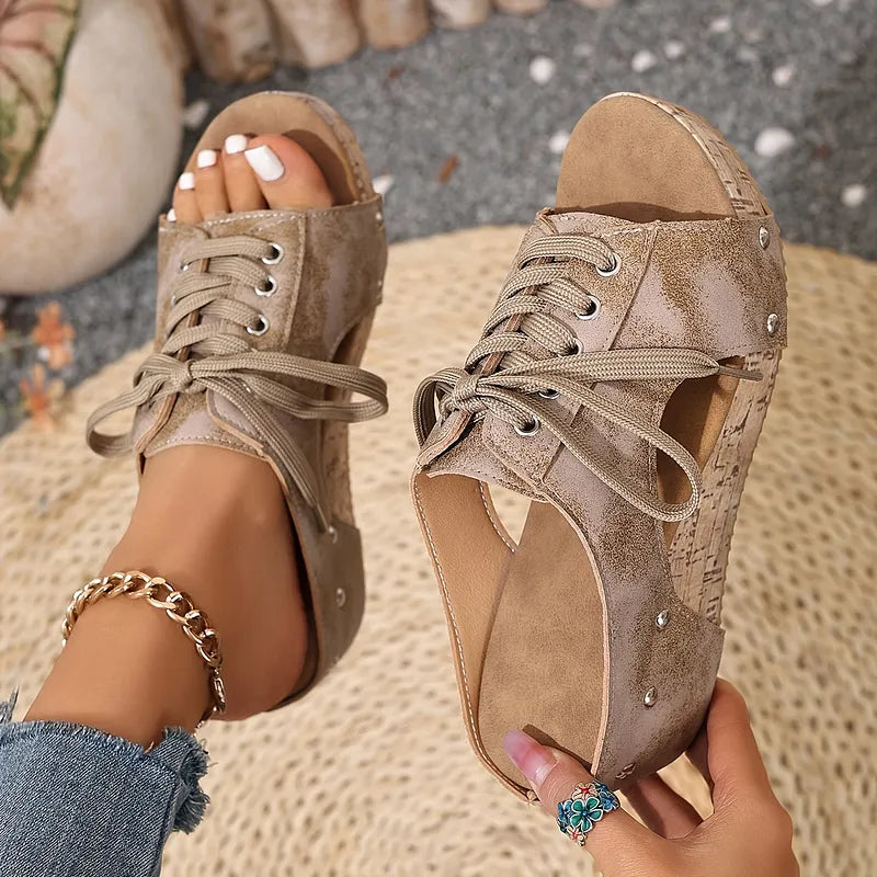 Nadiu | Wedge Sandals Open Toe Lace Up