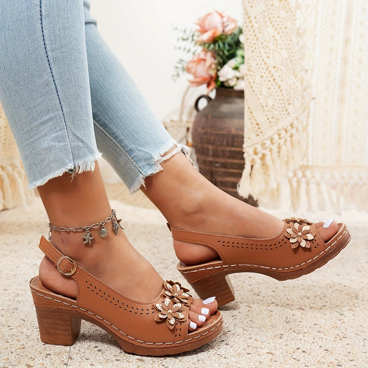 Haisley | Sandals Floral Slingback Block Heel