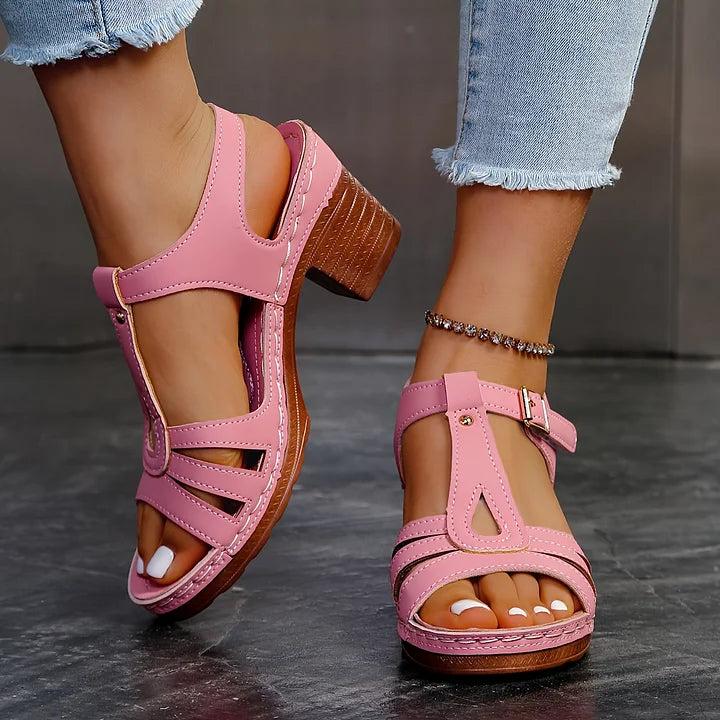 Leanna - Block Heel T Strap Buckle Sandals