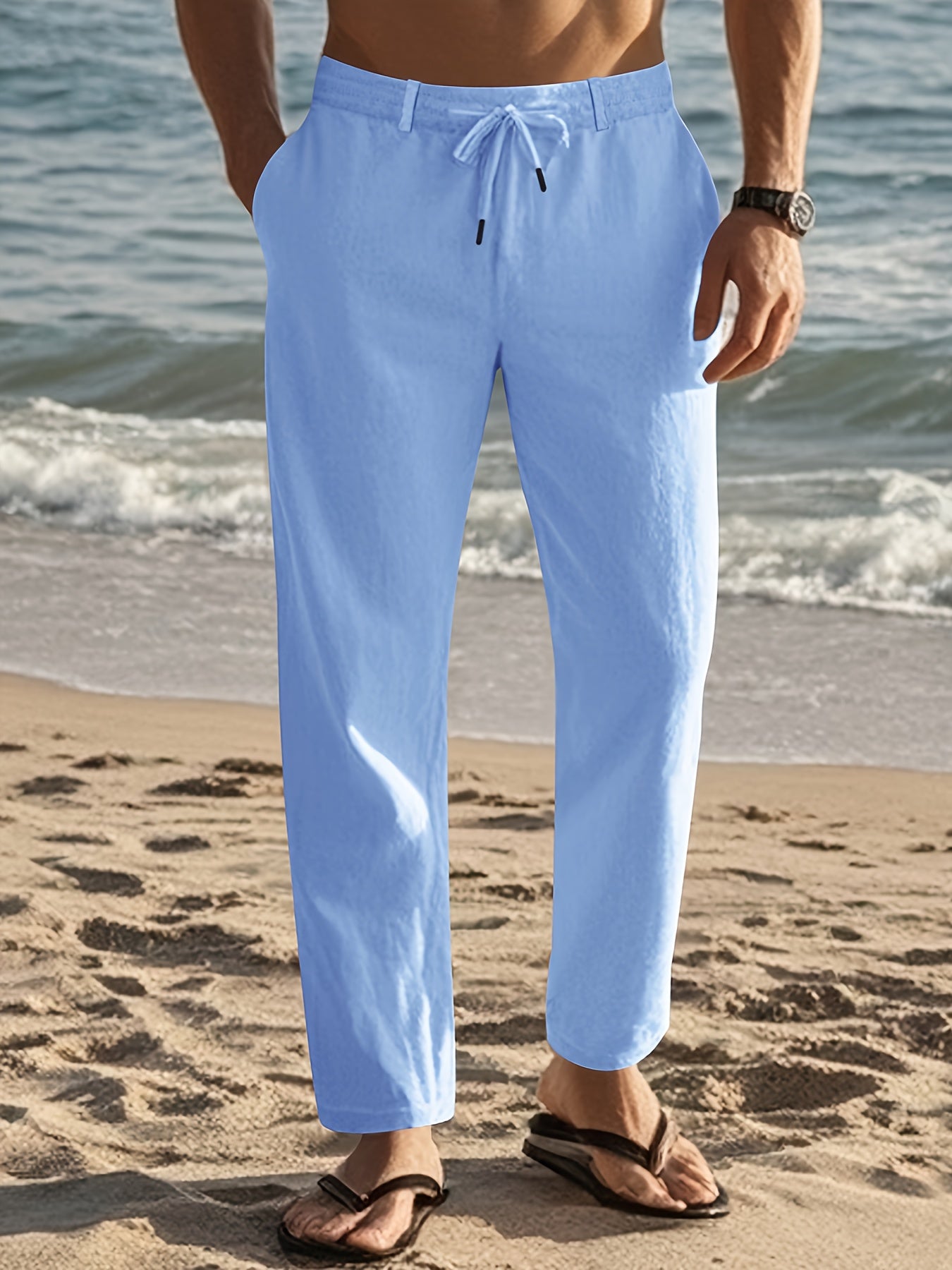 Erikas | Linen-Style Drawstring Straight Leg Casual Trousers