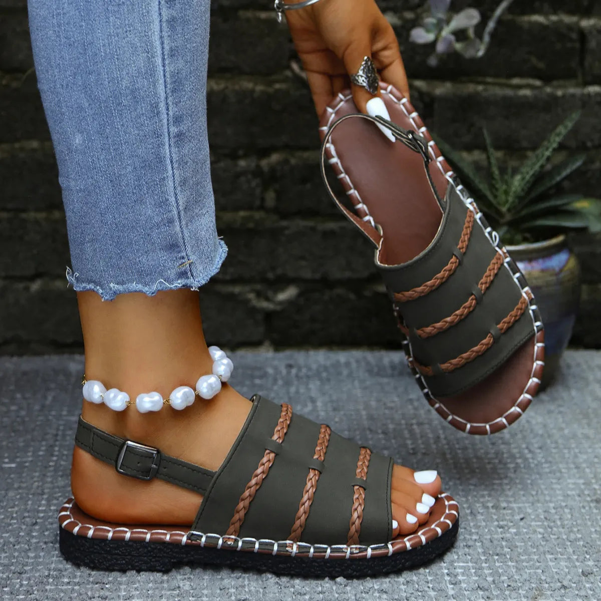 Samela | Braided Strap Buckle Flat Sandals