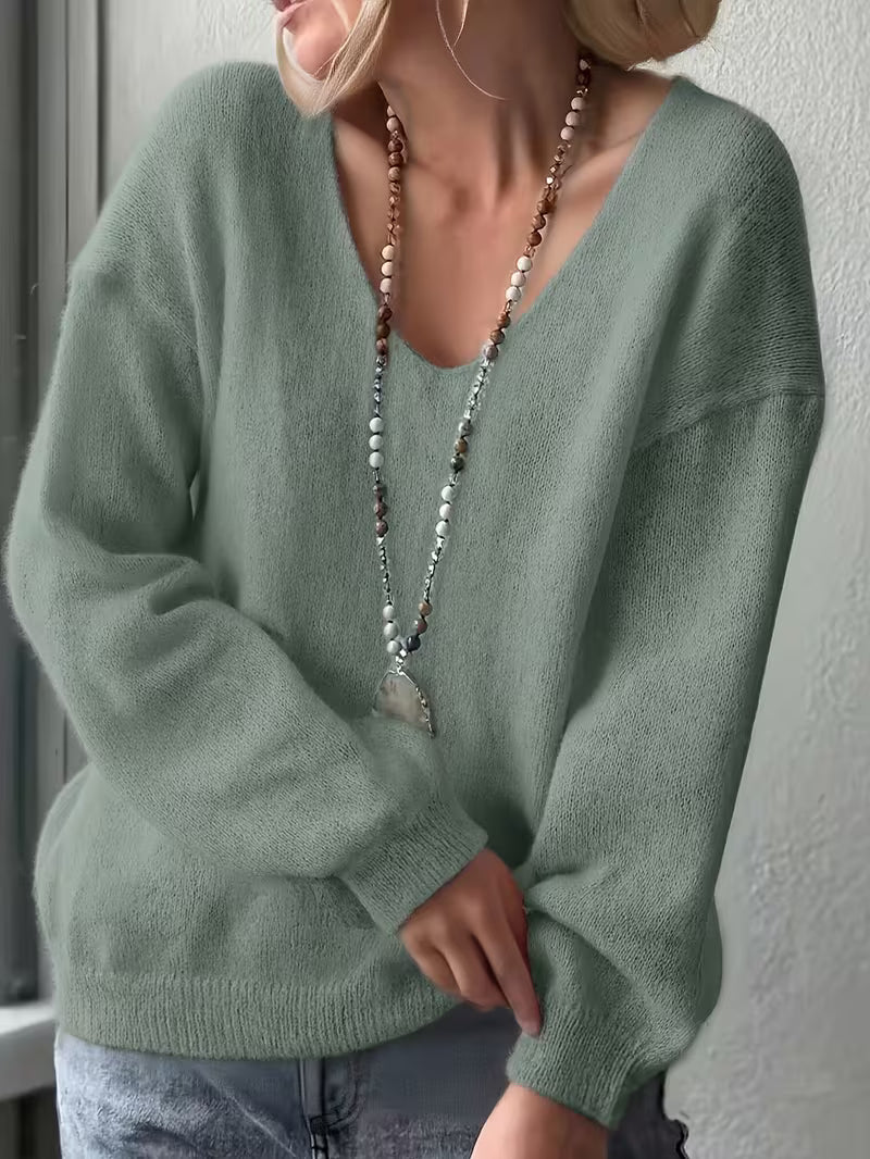 Yalitan | Long Sleeve V-Neck Relaxed Knit Sweater
