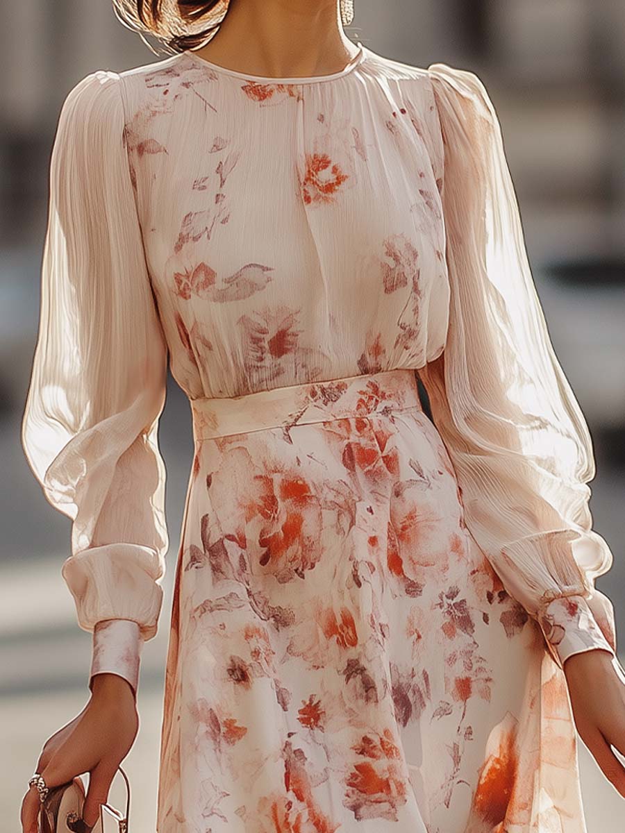 Shiella - Floral Print Pleated Sleeve Midi Dress