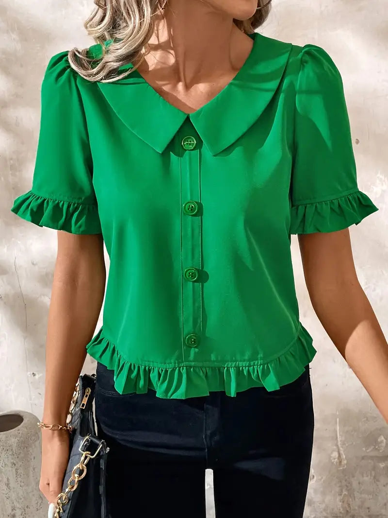Foteini - Short Sleeve Ruffle Hem Button Blouse