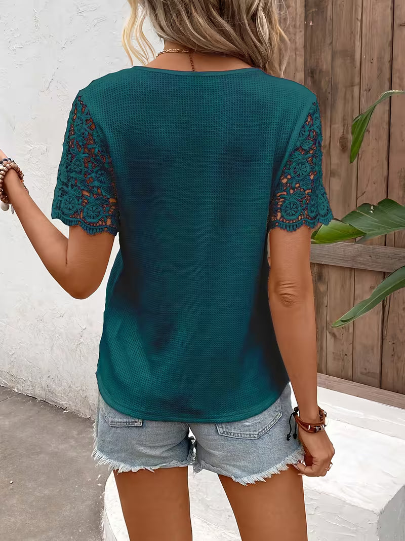 Sinna | Short Sleeve Lace Panel Button Top