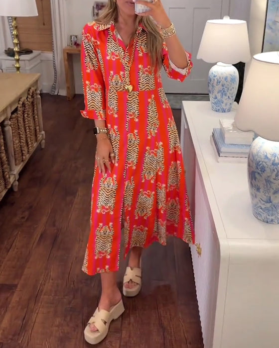 Sinney - Printed Maxi Dress Long Sleeve V Neck