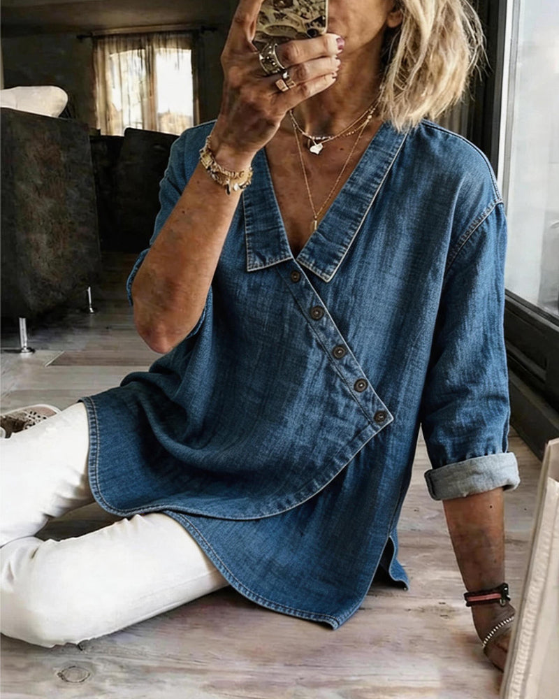 Olizia | Denim-Style Wrap Button Blouse