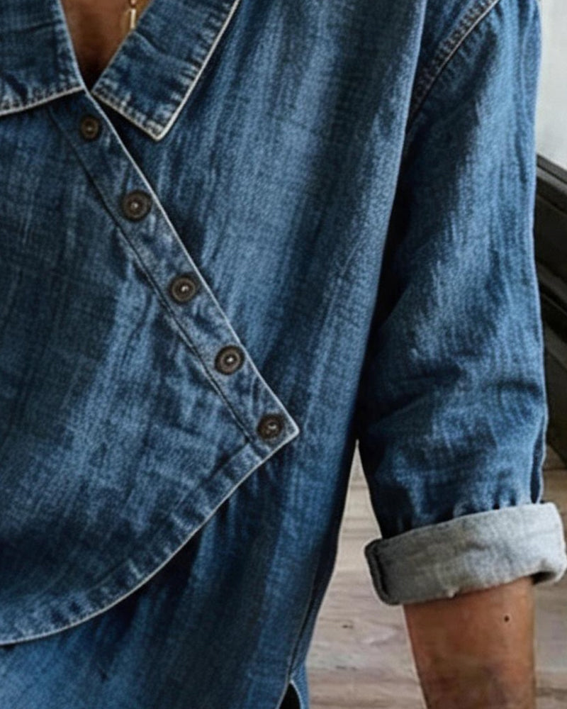 Olizia | Denim-Style Wrap Button Blouse