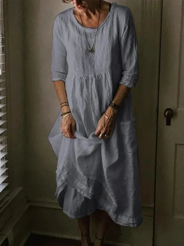 Tasoula | Round Neck Midi Linen-Style Dress