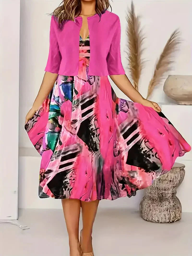 Vainoana | Printed Midi Dress with Open Front Jacket