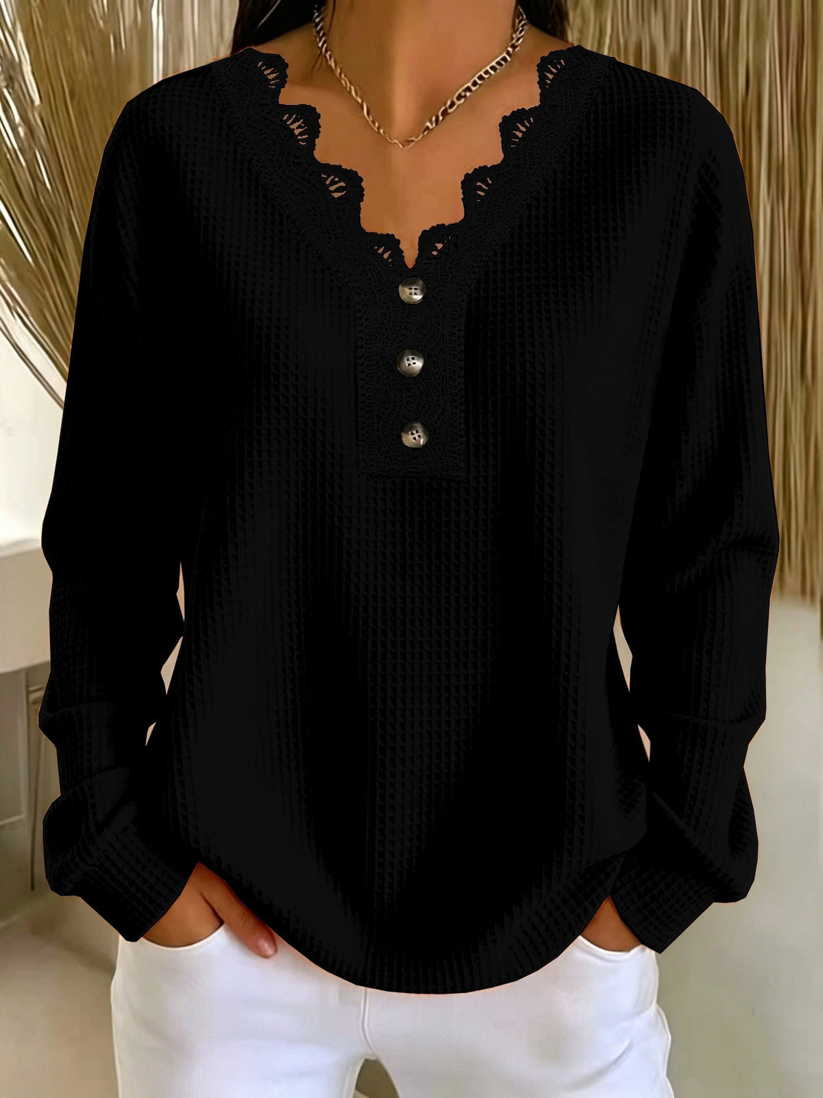 Brigeaia | Long Sleeve Lace Top with Button Front