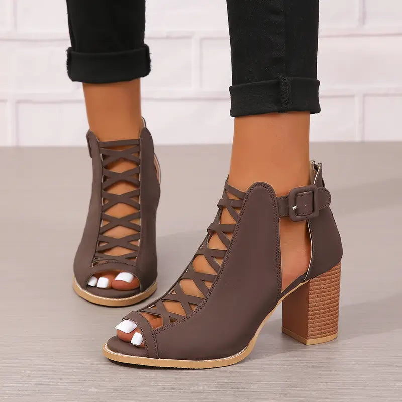Ruzilya | Chunky Heel Peep Toe Lace-Up Sandals