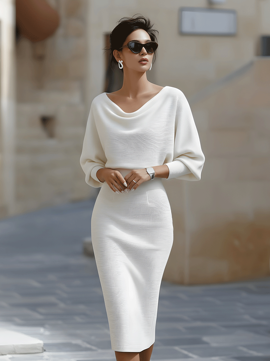 Amyy | Midi Dress Batwing Sleeve Knitted Texture
