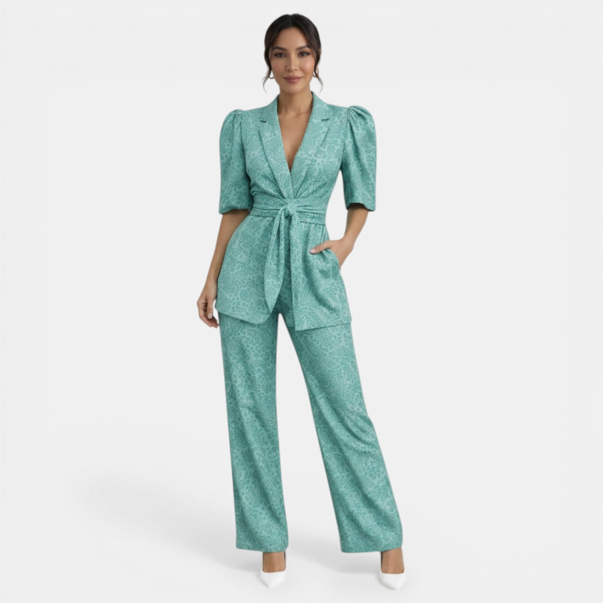 Marjon | Pantsuit with Puff Sleeves and Tie Waist