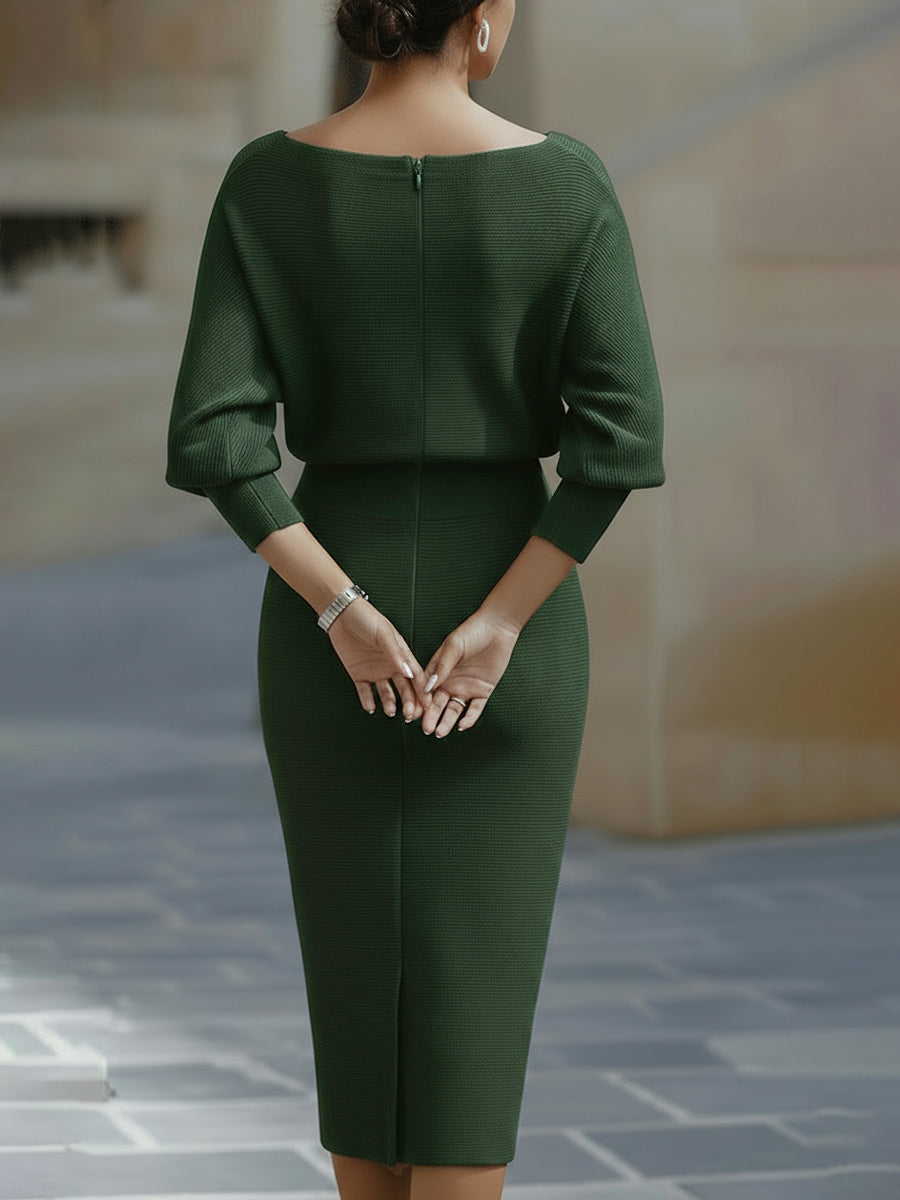 Amyy | Midi Dress Batwing Sleeve Knitted Texture
