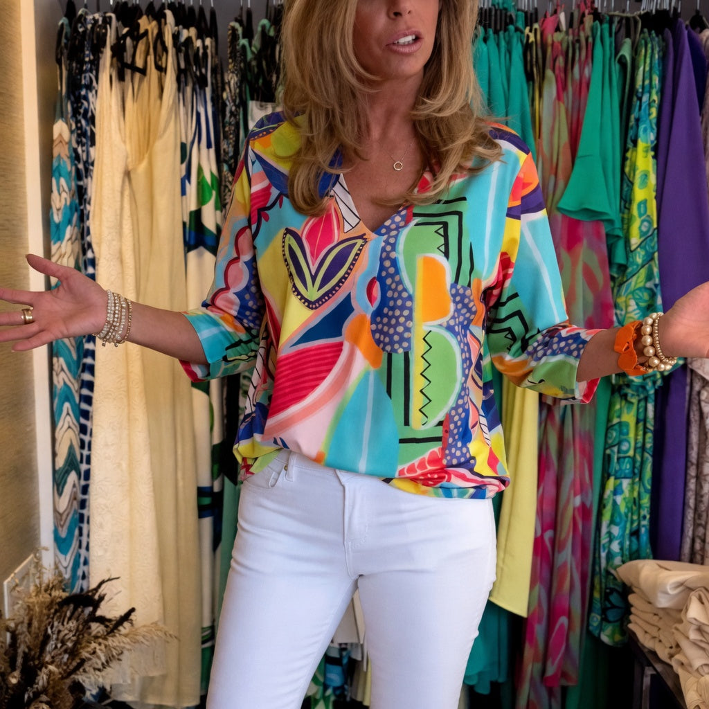 Marlain | Abstract Print V-Neck Blouse Top