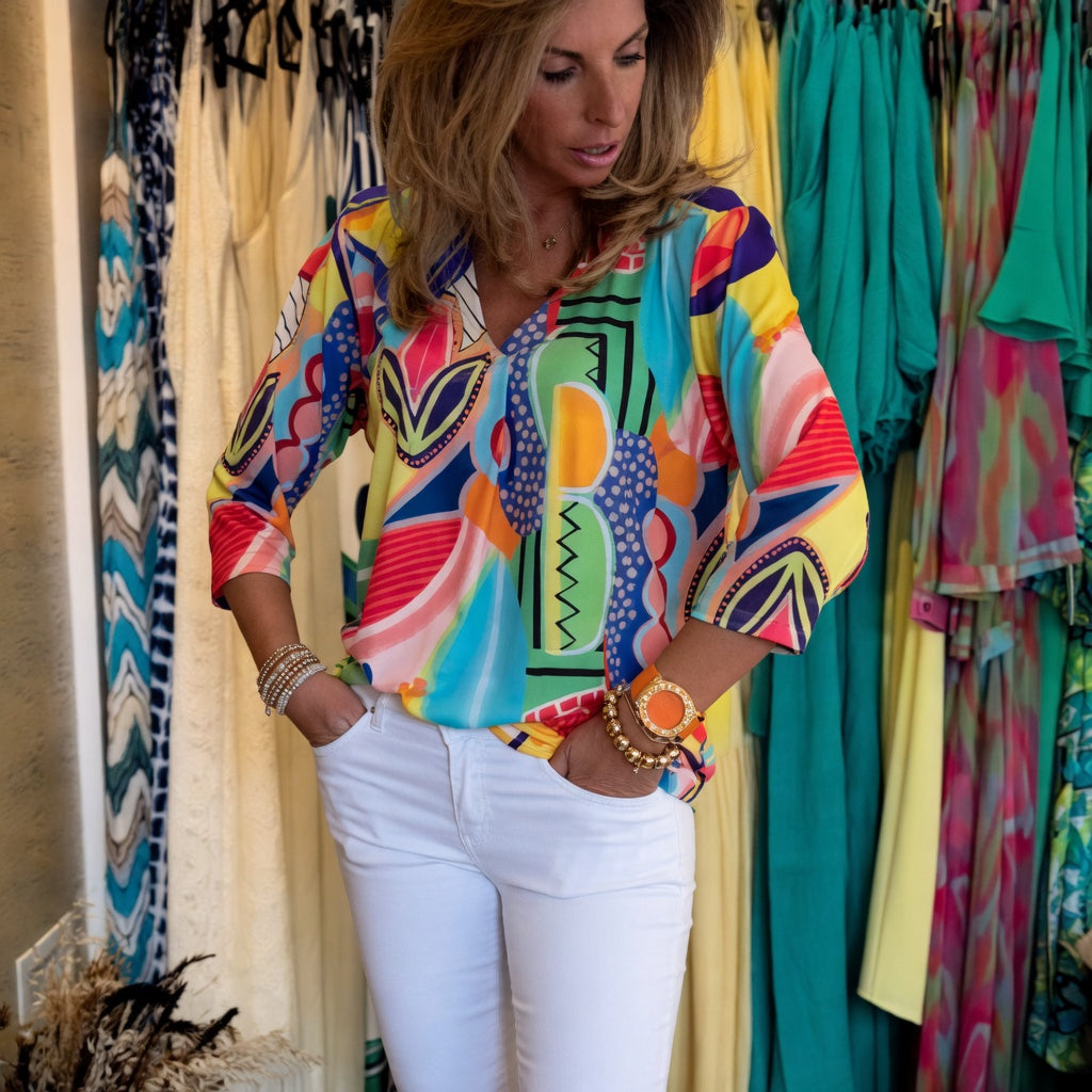 Marlain | Abstract Print V-Neck Blouse Top