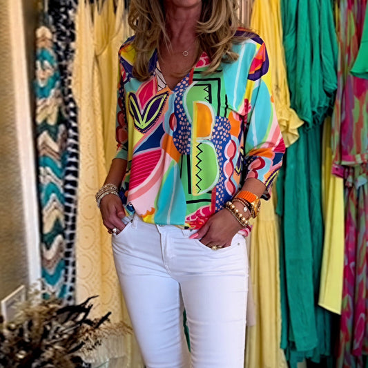 Marlain | Abstract Print V-Neck Blouse Top