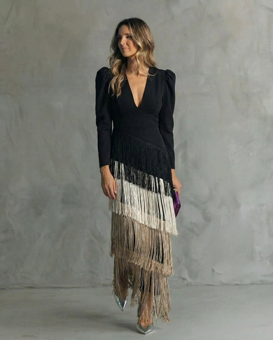 Nipuni  | Fringe Tassel V Neck Maxi Dress