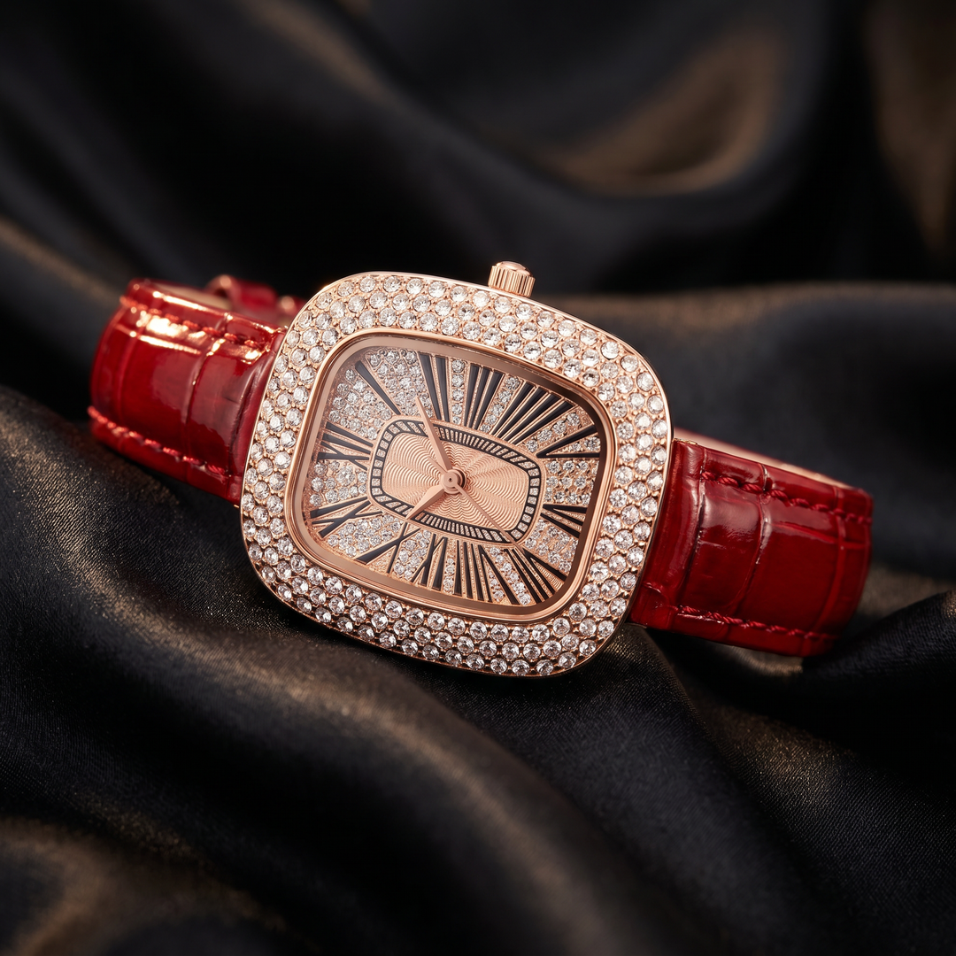 Vítor | Rectangular Crystal Bezel Red Strap Watch