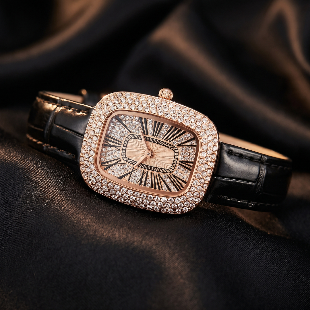 Vítor | Rectangular Crystal Bezel Red Strap Watch