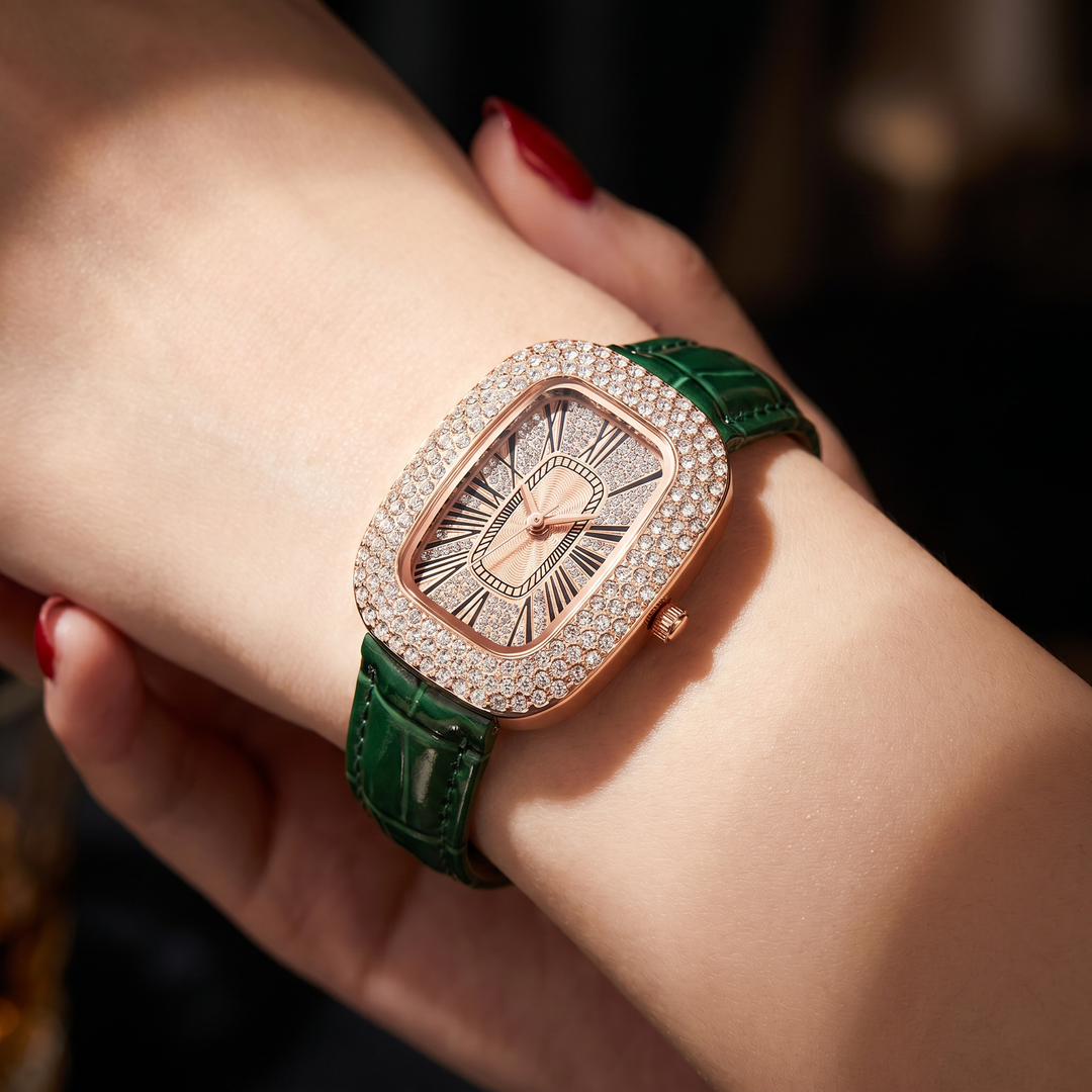 Vítor | Rectangular Crystal Bezel Red Strap Watch