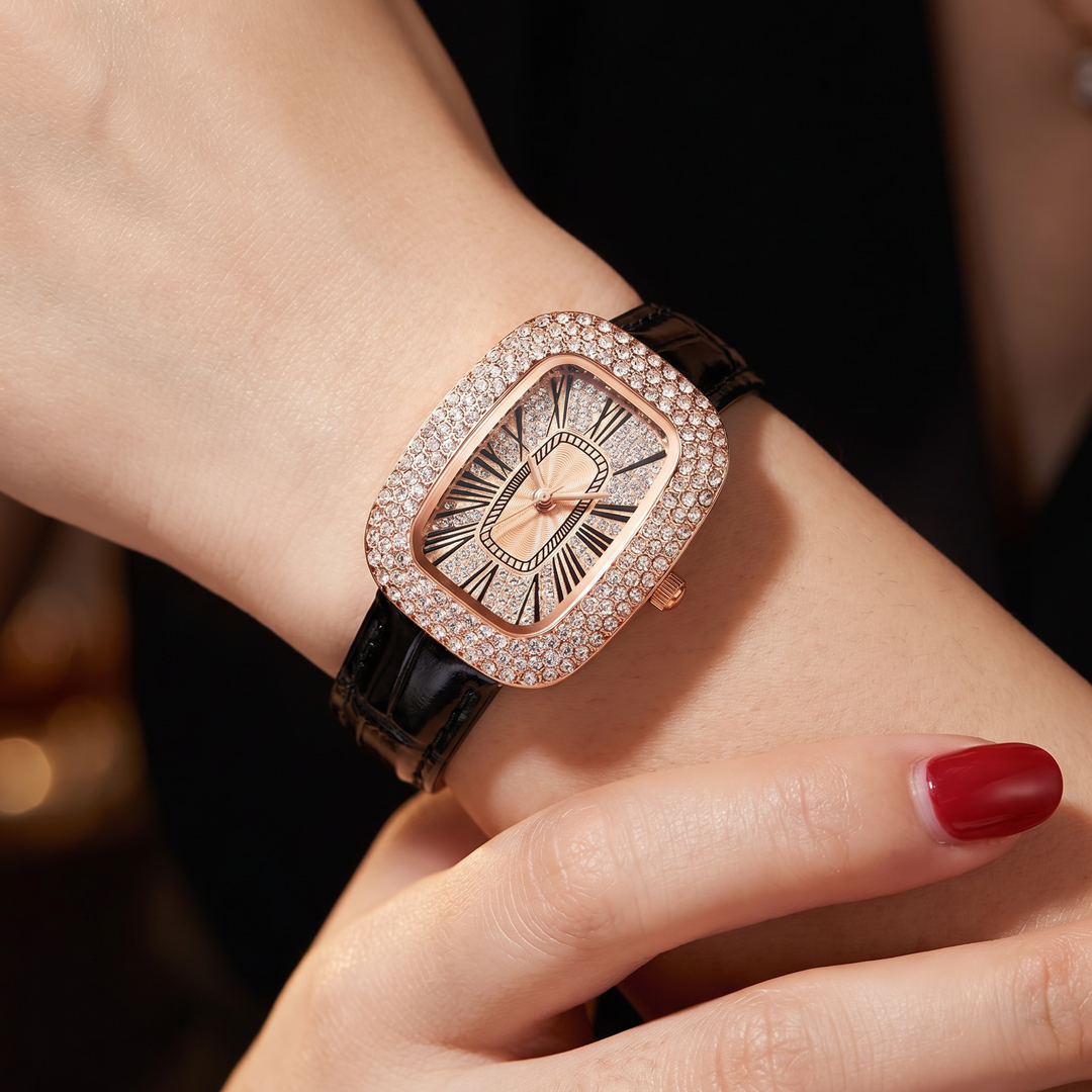 Vítor | Rectangular Crystal Bezel Red Strap Watch