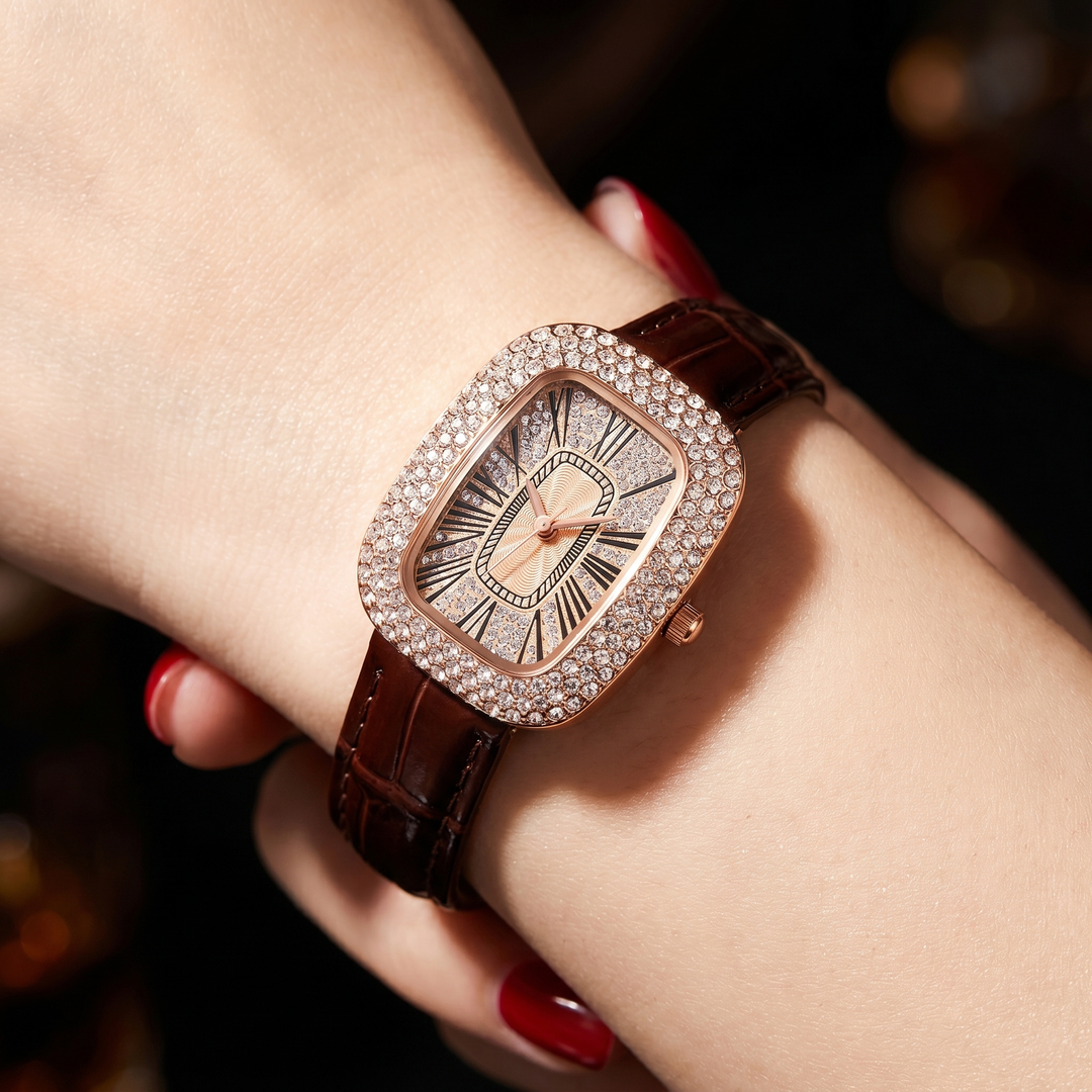 Vítor | Rectangular Crystal Bezel Red Strap Watch