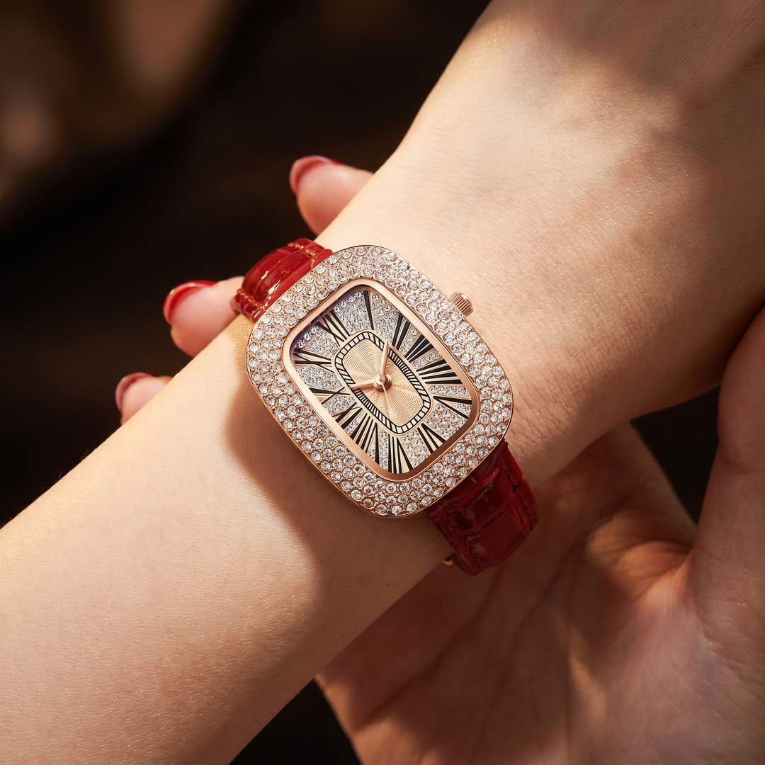 Vítor | Rectangular Crystal Bezel Red Strap Watch