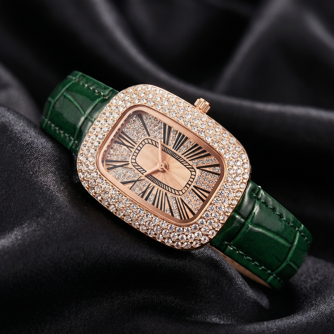 Vítor | Rectangular Crystal Bezel Red Strap Watch