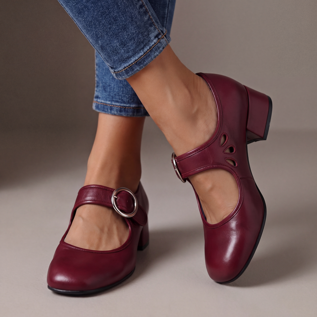 Evelita | Buckle Strap Leather Shoes with Low Heel