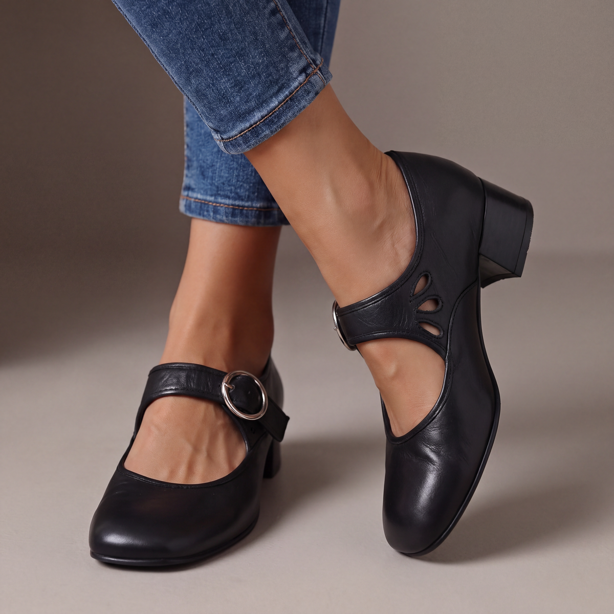 Evelita | Buckle Strap Leather Shoes with Low Heel