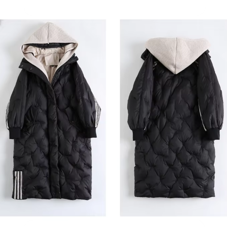 Lesley | Coat Quilted Hooded Longline with Striped Trim