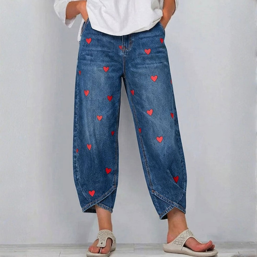 Raemaa | Heart Print Ankle Length Denim Trousers