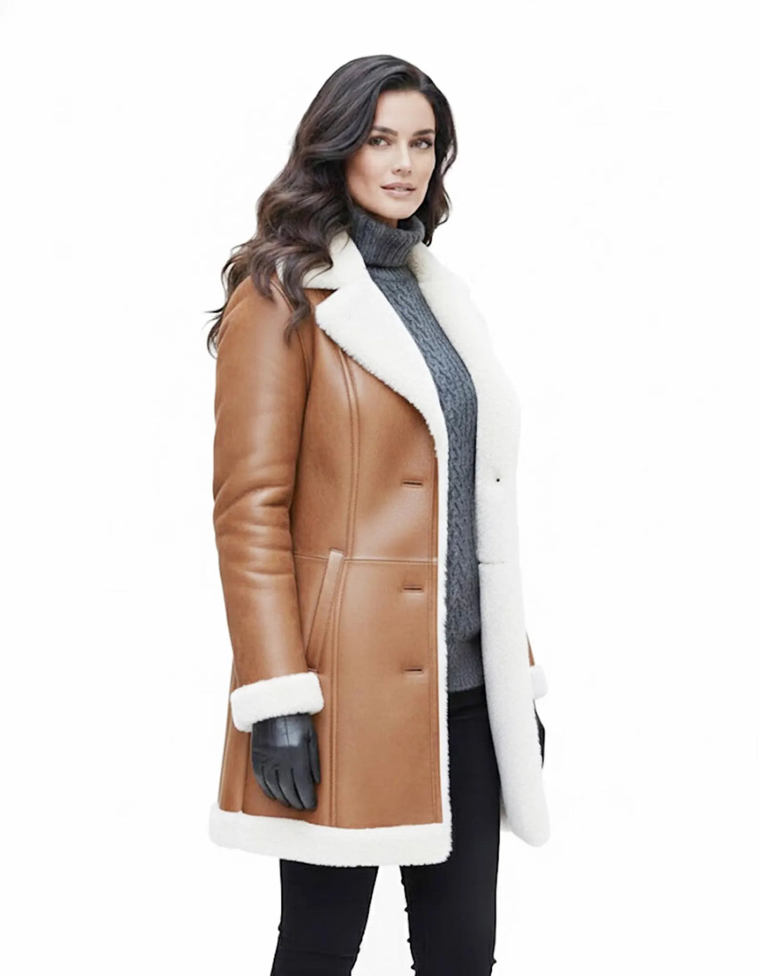 Annemie | Long Sleeve Coat with Cream Lapels