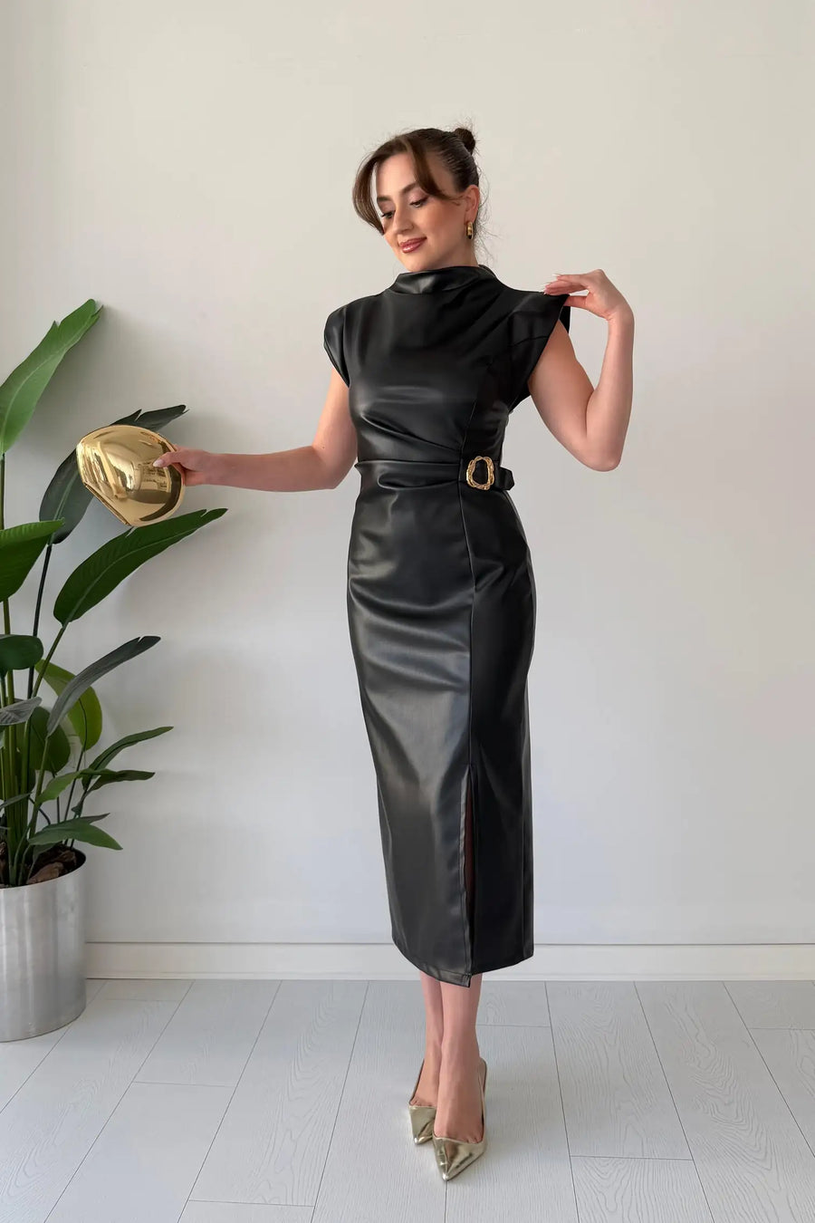 Claudine - Sleeveless Belted Midi Faux Leather Dress